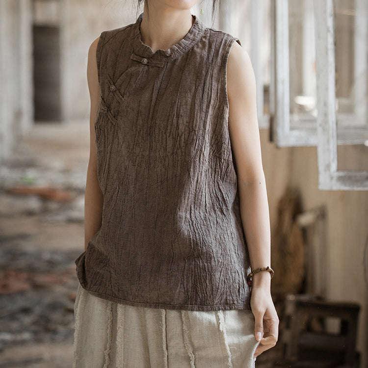 Chinese Standing Collar Frog Button Sleeveless Top, Vintage Tie-Dye Stone Washed Pleated Cotton Linen Sleeveless Shirt