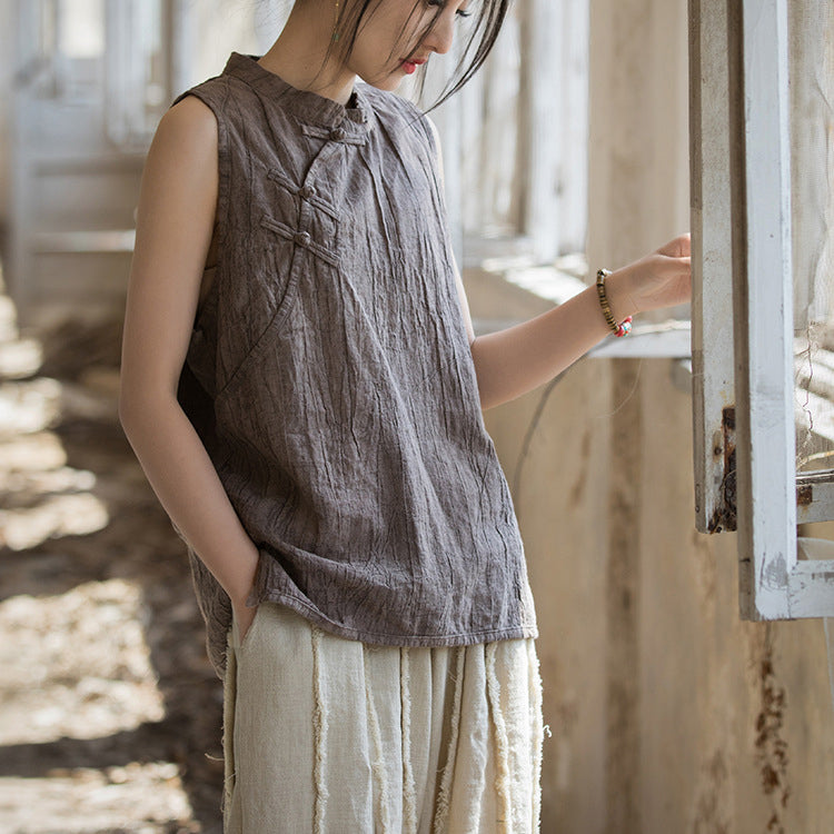 Chinese Standing Collar Frog Button Sleeveless Top, Vintage Tie-Dye Stone Washed Pleated Cotton Linen Sleeveless Shirt