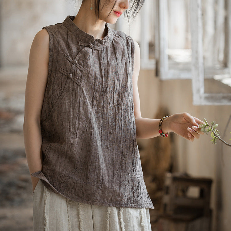 Chinese Standing Collar Frog Button Sleeveless Top, Vintage Tie-Dye Stone Washed Pleated Cotton Linen Sleeveless Shirt