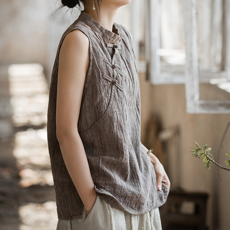 Chinese Standing Collar Frog Button Sleeveless Top, Vintage Tie-Dye Stone Washed Pleated Cotton Linen Sleeveless Shirt