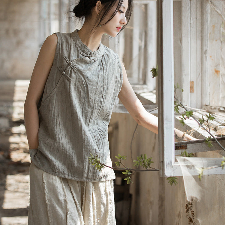 Chinese Standing Collar Frog Button Sleeveless Top, Vintage Tie-Dye Stone Washed Pleated Cotton Linen Sleeveless Shirt