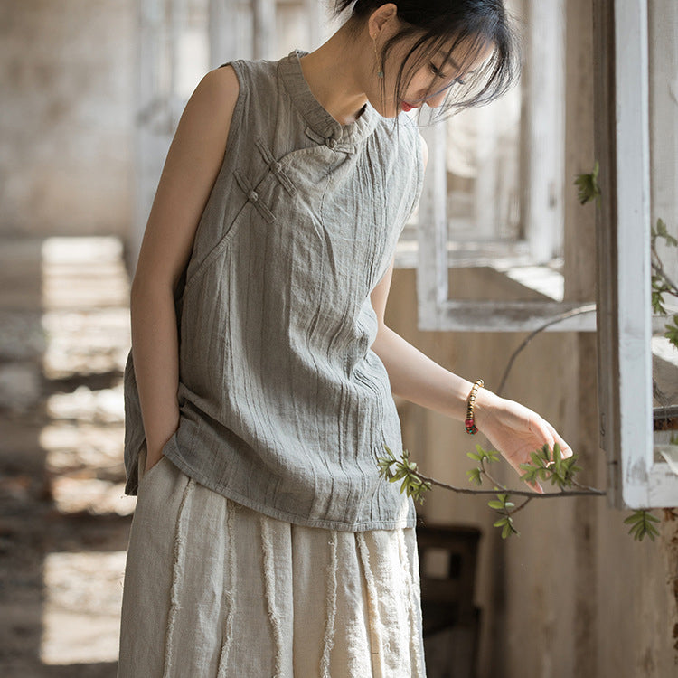 Chinese Standing Collar Frog Button Sleeveless Top, Vintage Tie-Dye Stone Washed Pleated Cotton Linen Sleeveless Shirt