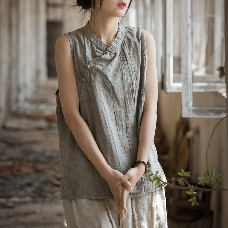 Chinese Standing Collar Frog Button Sleeveless Top, Vintage Tie-Dye Stone Washed Pleated Cotton Linen Sleeveless Shirt