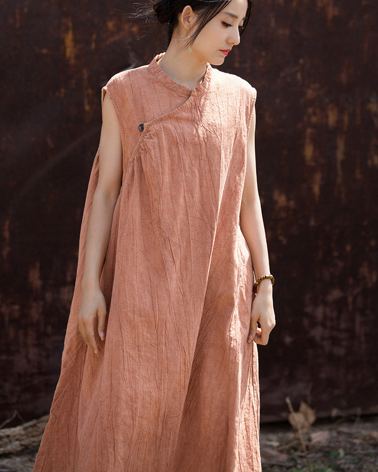 Chinese retro stone washed cotton linen pleated cheongsam QiPao, summer tie-dye sleeveless dress.