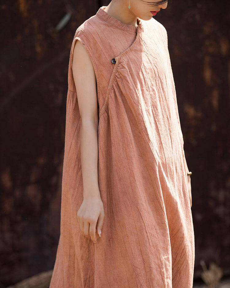 Chinese retro stone washed cotton linen pleated cheongsam QiPao, summer tie-dye sleeveless dress.