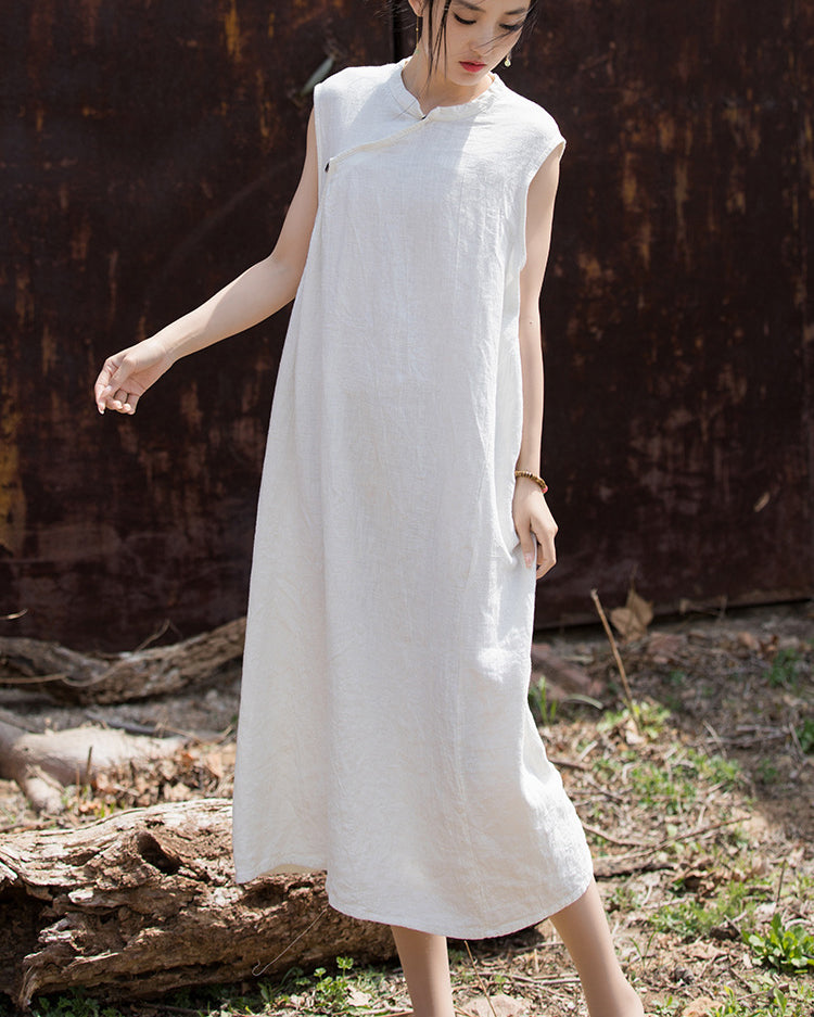 Chinese retro stone washed cotton linen pleated cheongsam QiPao, summer tie-dye sleeveless dress.