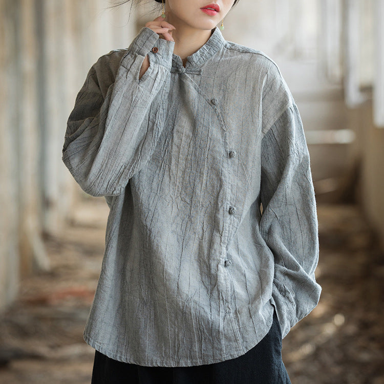 Chinese stand-up collar frog button long-sleeved shirt, vintage tie-dye stone-washed pleated cotton  linen shirt