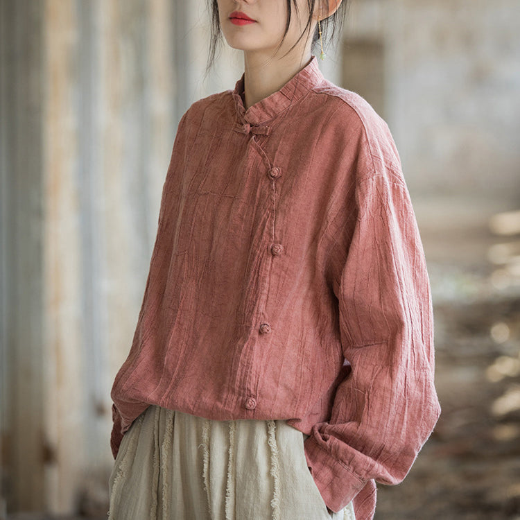 Chinese stand-up collar frog button long-sleeved shirt, vintage tie-dye stone-washed pleated cotton  linen shirt