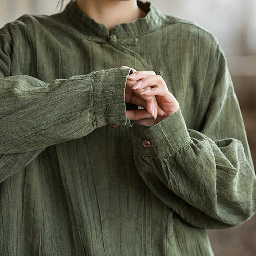 Chinese stand-up collar frog button long-sleeved shirt, vintage tie-dye stone-washed pleated cotton  linen shirt