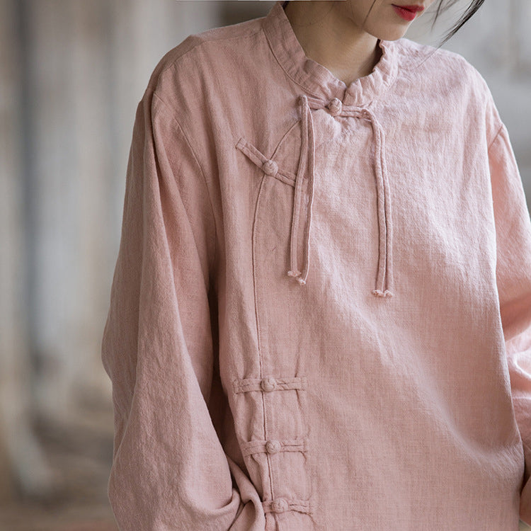 Vintage Chinese stand-up collar frog button long sleeve shirt, tie-dye stone washed pleated cotton linen shirt