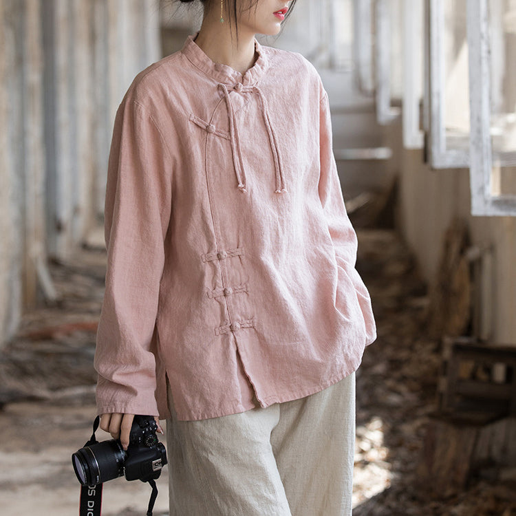 Vintage Chinese stand-up collar frog button long sleeve shirt, tie-dye stone washed pleated cotton linen shirt