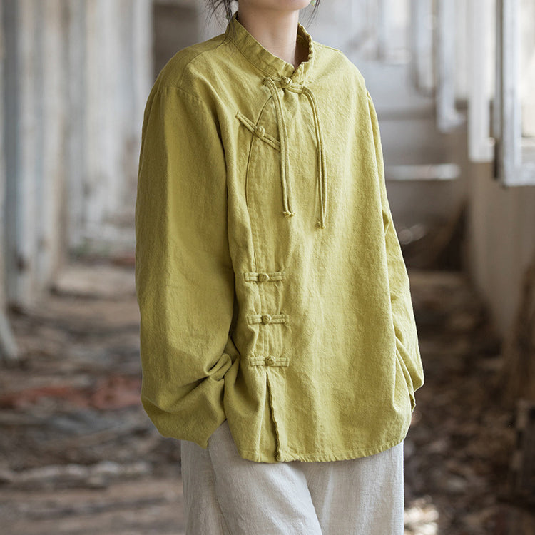 Vintage Chinese stand-up collar frog button long sleeve shirt, tie-dye stone washed pleated cotton linen shirt