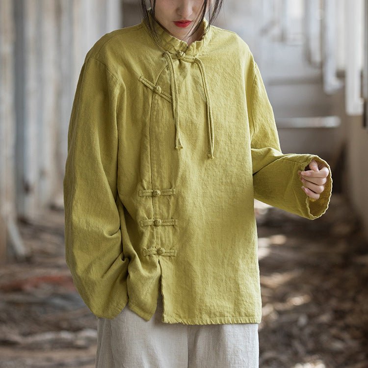 Vintage Chinese stand-up collar frog button long sleeve shirt, tie-dye stone washed pleated cotton linen shirt