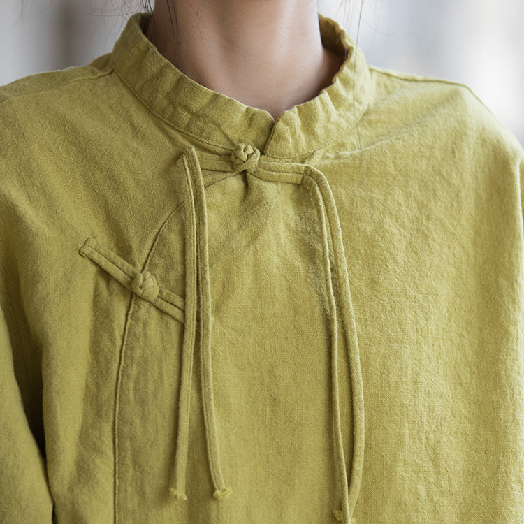 Vintage Chinese stand-up collar frog button long sleeve shirt, tie-dye stone washed pleated cotton linen shirt