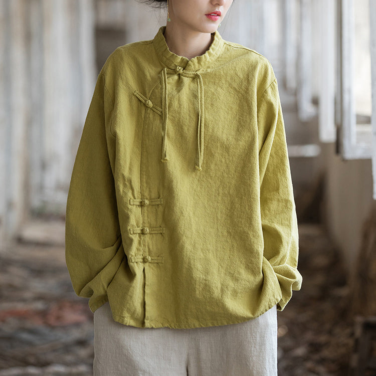 Vintage Chinese stand-up collar frog button long sleeve shirt, tie-dye stone washed pleated cotton linen shirt