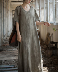 Loose V-neck stonewashed pleated tie-dye dress, summer vintage casual dresses