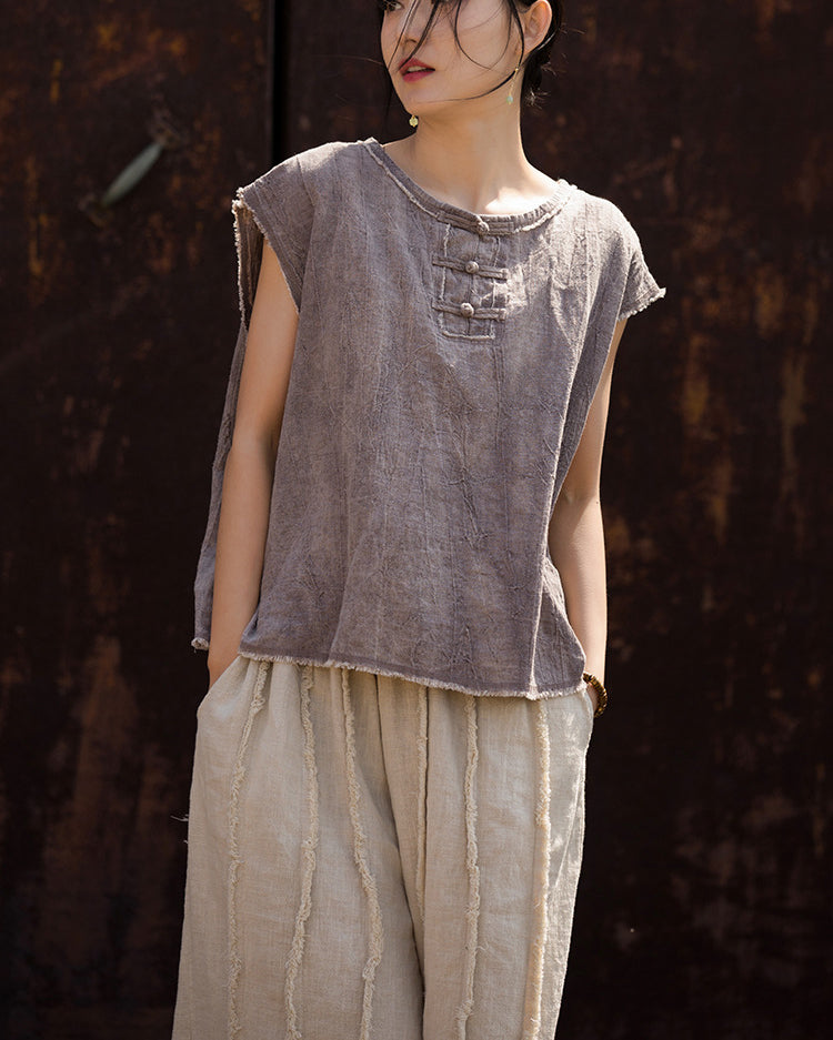 Sleeveless Cotton Linen Tie-Dye Shirt, Loose Casual Pleated Cotton Linen Top