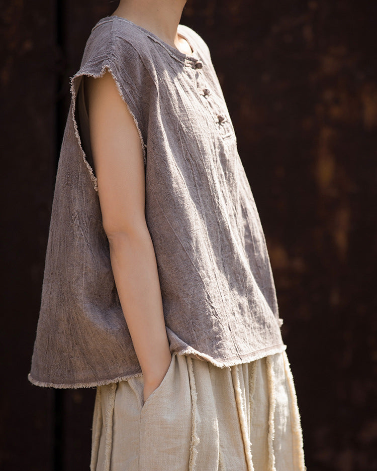 Sleeveless Cotton Linen Tie-Dye Shirt, Loose Casual Pleated Cotton Linen Top