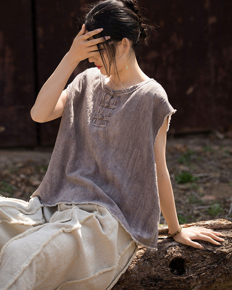 Sleeveless Cotton Linen Tie-Dye Shirt, Loose Casual Pleated Cotton Linen Top