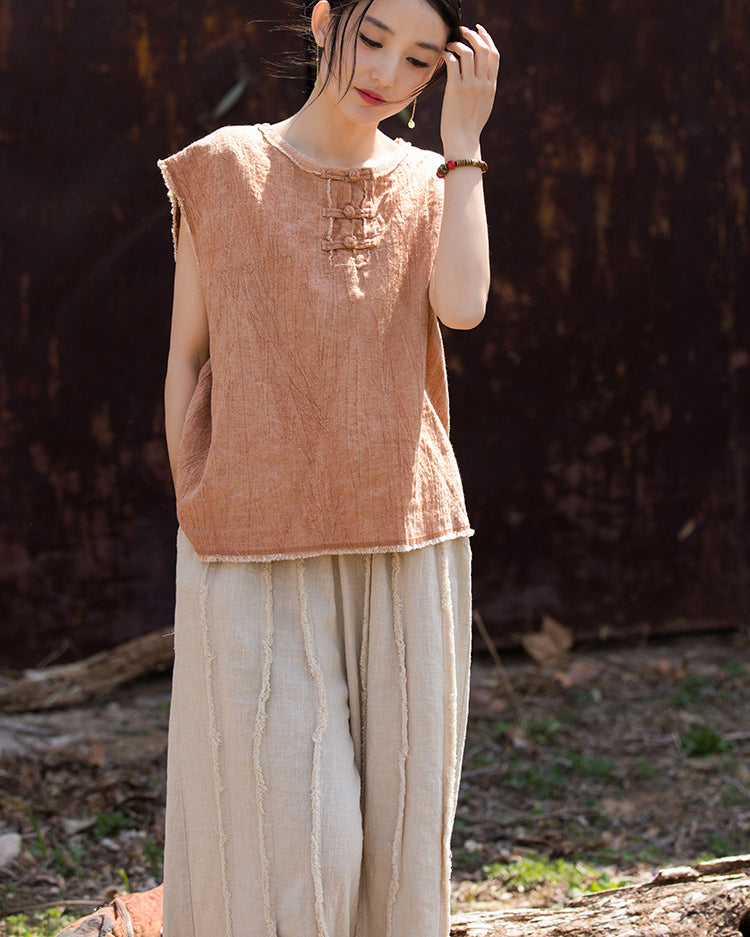 Sleeveless Cotton Linen Tie-Dye Shirt, Loose Casual Pleated Cotton Linen Top