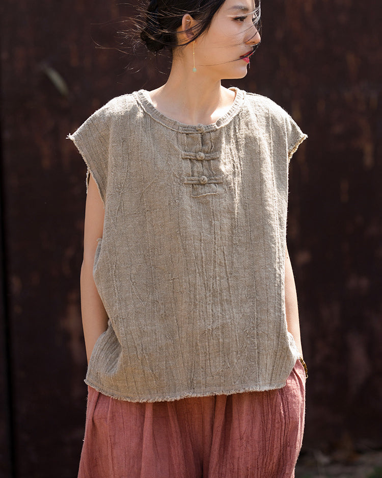 Sleeveless Cotton Linen Tie-Dye Shirt, Loose Casual Pleated Cotton Linen Top