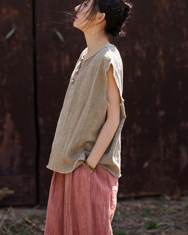 Sleeveless Cotton Linen Tie-Dye Shirt, Loose Casual Pleated Cotton Linen Top