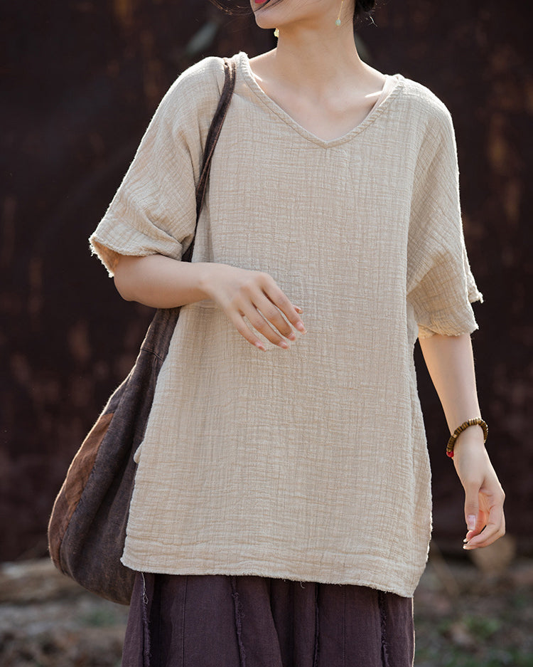 Women's V-Neck Cotton Linen Top, Summer Loose Short Sleeve Cotton T-Shirt