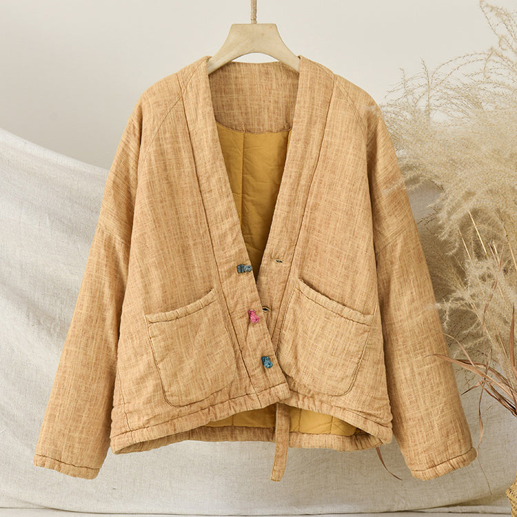 Winter Cotton Linen Kimono , Women's Winter Jacket，Vintage V-neck cotton  linen jacket