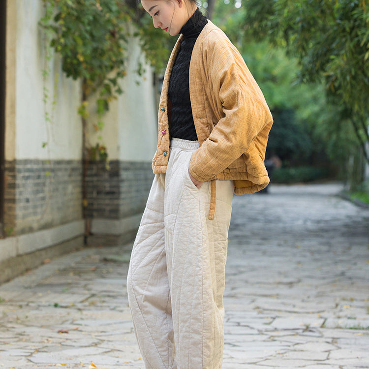 Winter Cotton Linen Kimono , Women's Winter Jacket，Vintage V-neck cotton  linen jacket