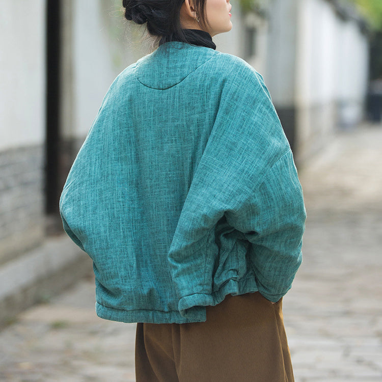 Winter Cotton Linen Kimono , Women's Winter Jacket，Vintage V-neck cotton  linen jacket