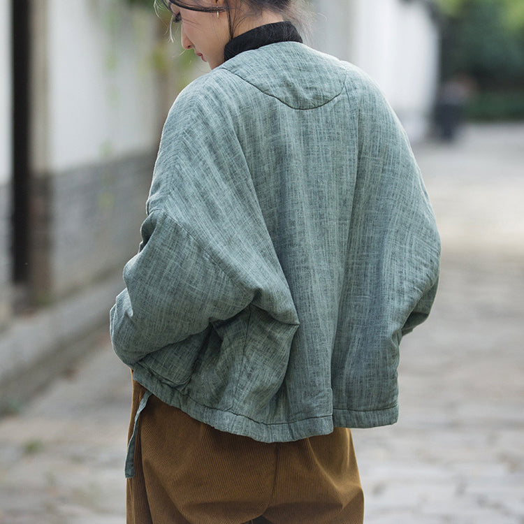 Winter Cotton Linen Kimono , Women's Winter Jacket，Vintage V-neck cotton  linen jacket