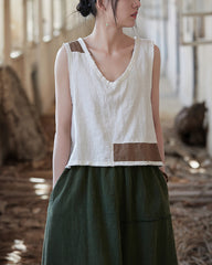 Sleeveless Cotton Linen Vest, Summer V-Neck Top