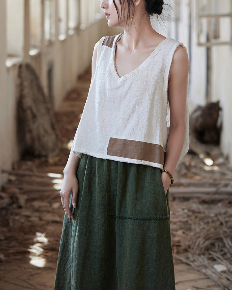 Sleeveless Cotton Linen Vest, Summer V-Neck Top