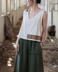 Sleeveless Cotton Linen Vest, Summer V-Neck Top