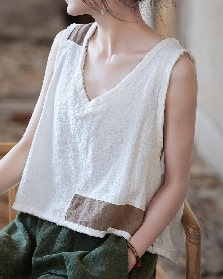 Sleeveless Cotton Linen Vest, Summer V-Neck Top