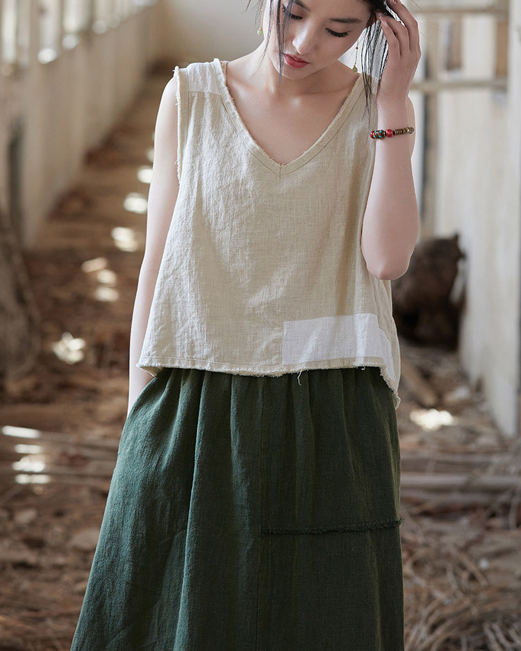 Sleeveless Cotton Linen Vest, Summer V-Neck Top