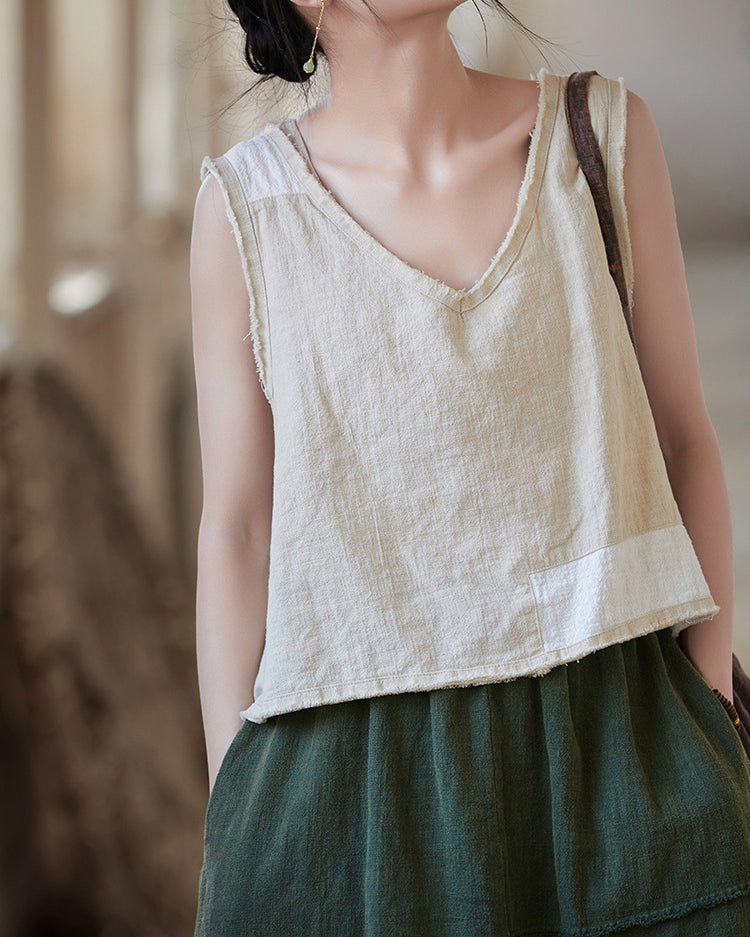 Sleeveless Cotton Linen Vest, Summer V-Neck Top