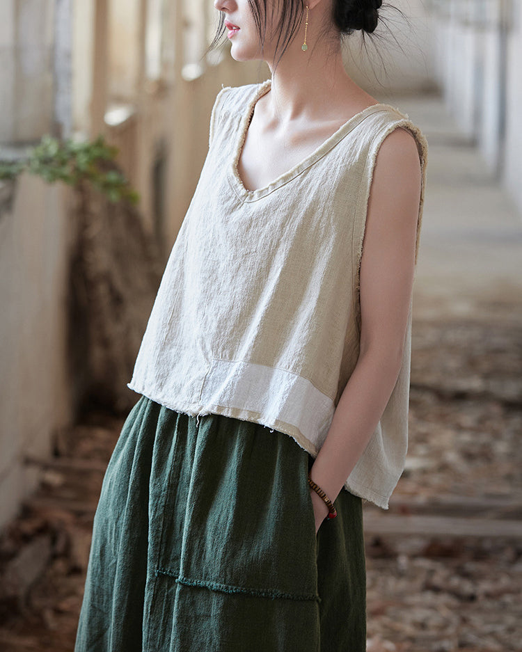 Sleeveless Cotton Linen Vest, Summer V-Neck Top