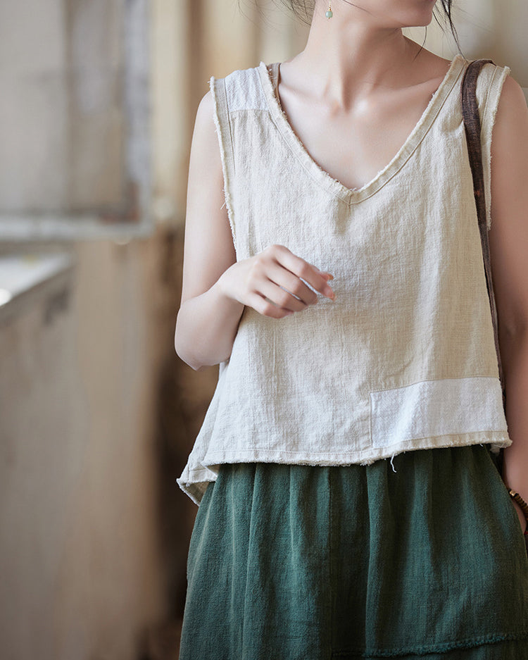 Sleeveless Cotton Linen Vest, Summer V-Neck Top