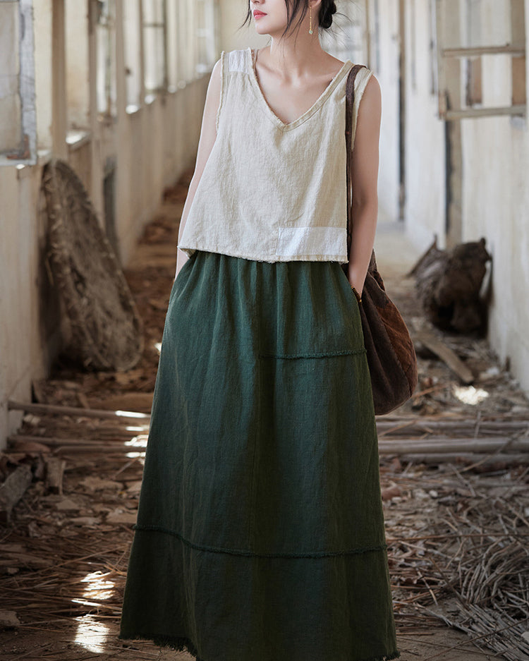 Sleeveless Cotton Linen Vest, Summer V-Neck Top