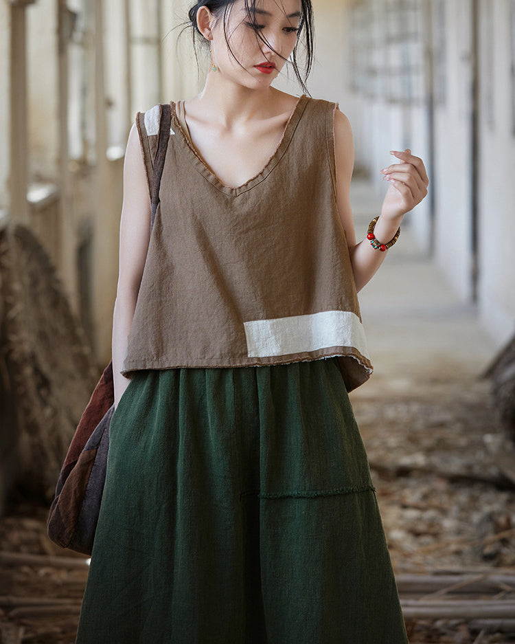 Sleeveless Cotton Linen Vest, Summer V-Neck Top