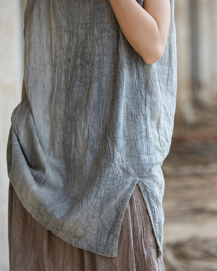 Vintage Standing Collar Cotton Linen Dress, Sleeveless Summer Dress