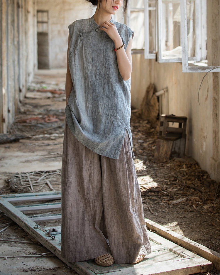 Vintage Standing Collar Cotton Linen Dress, Sleeveless Summer Dress
