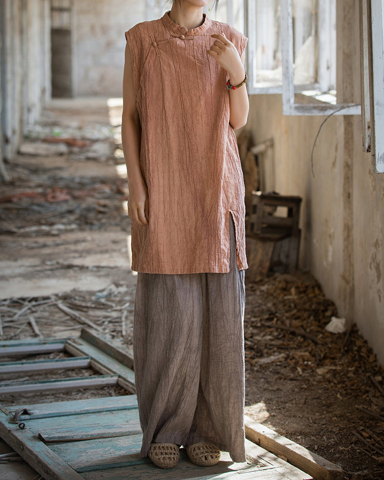 Vintage Standing Collar Cotton Linen Dress, Sleeveless Summer Dress