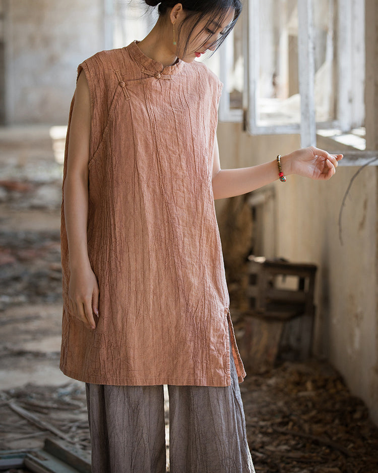 Vintage Standing Collar Cotton Linen Dress, Sleeveless Summer Dress