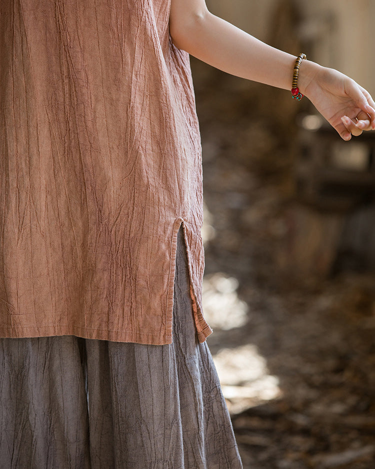 Vintage Standing Collar Cotton Linen Dress, Sleeveless Summer Dress