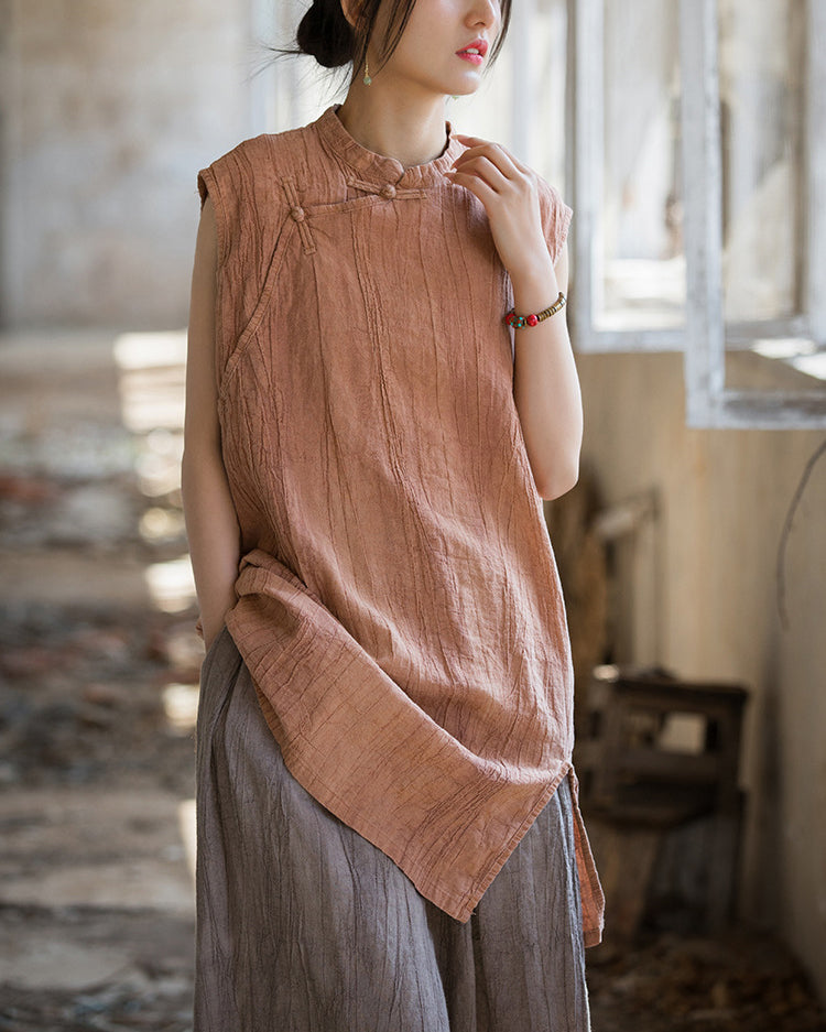 Vintage Standing Collar Cotton Linen Dress, Sleeveless Summer Dress