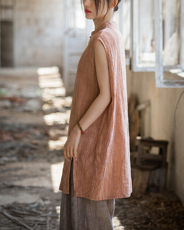 Vintage Standing Collar Cotton Linen Dress, Sleeveless Summer Dress