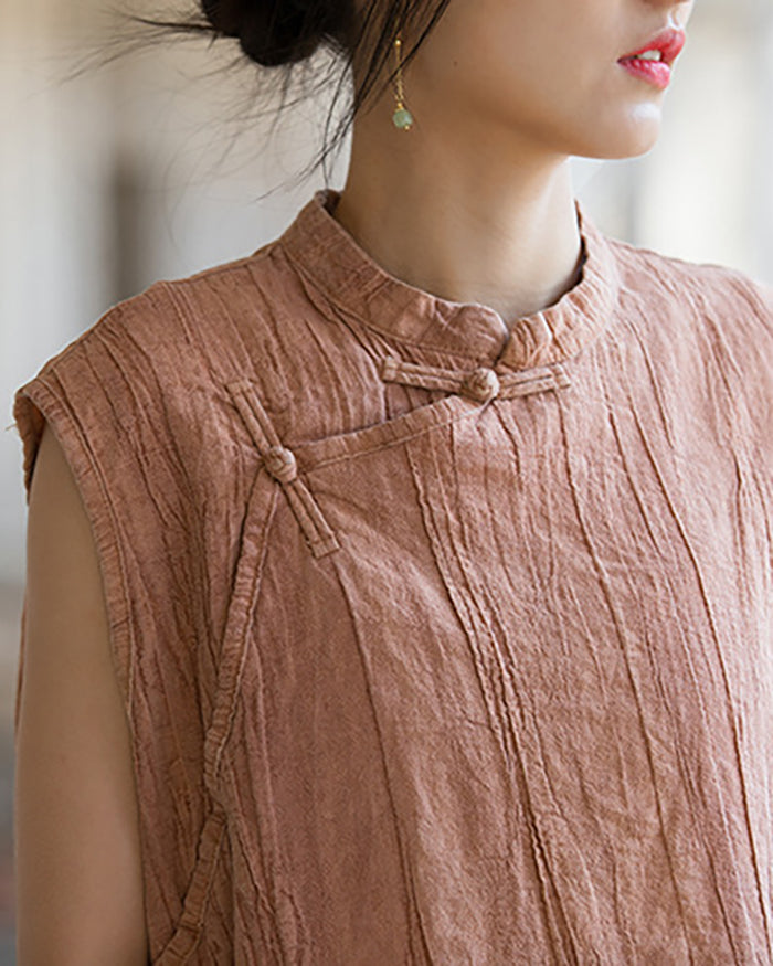 Vintage Standing Collar Cotton Linen Dress, Sleeveless Summer Dress