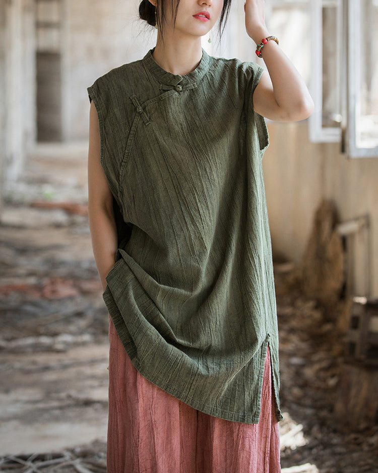 Vintage Standing Collar Cotton Linen Dress, Sleeveless Summer Dress